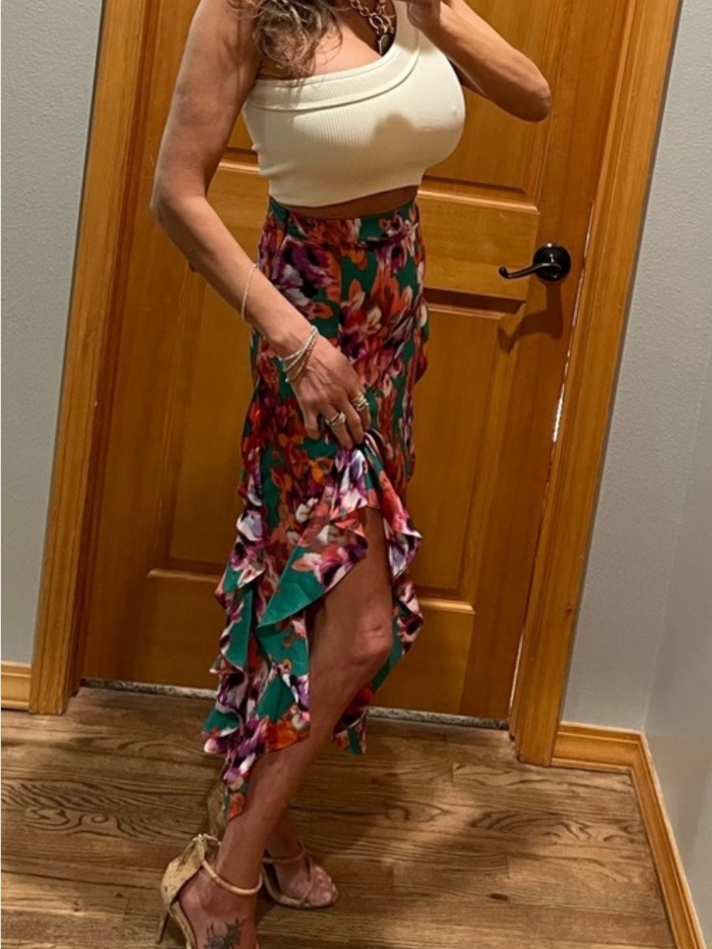 MISA Los Angeles Floral Satin Ruffle Skirt XS
